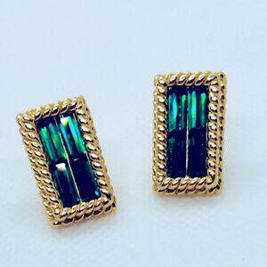 Authentic Swarovski Swan Signed Crystal Green and Gold Post Earrings